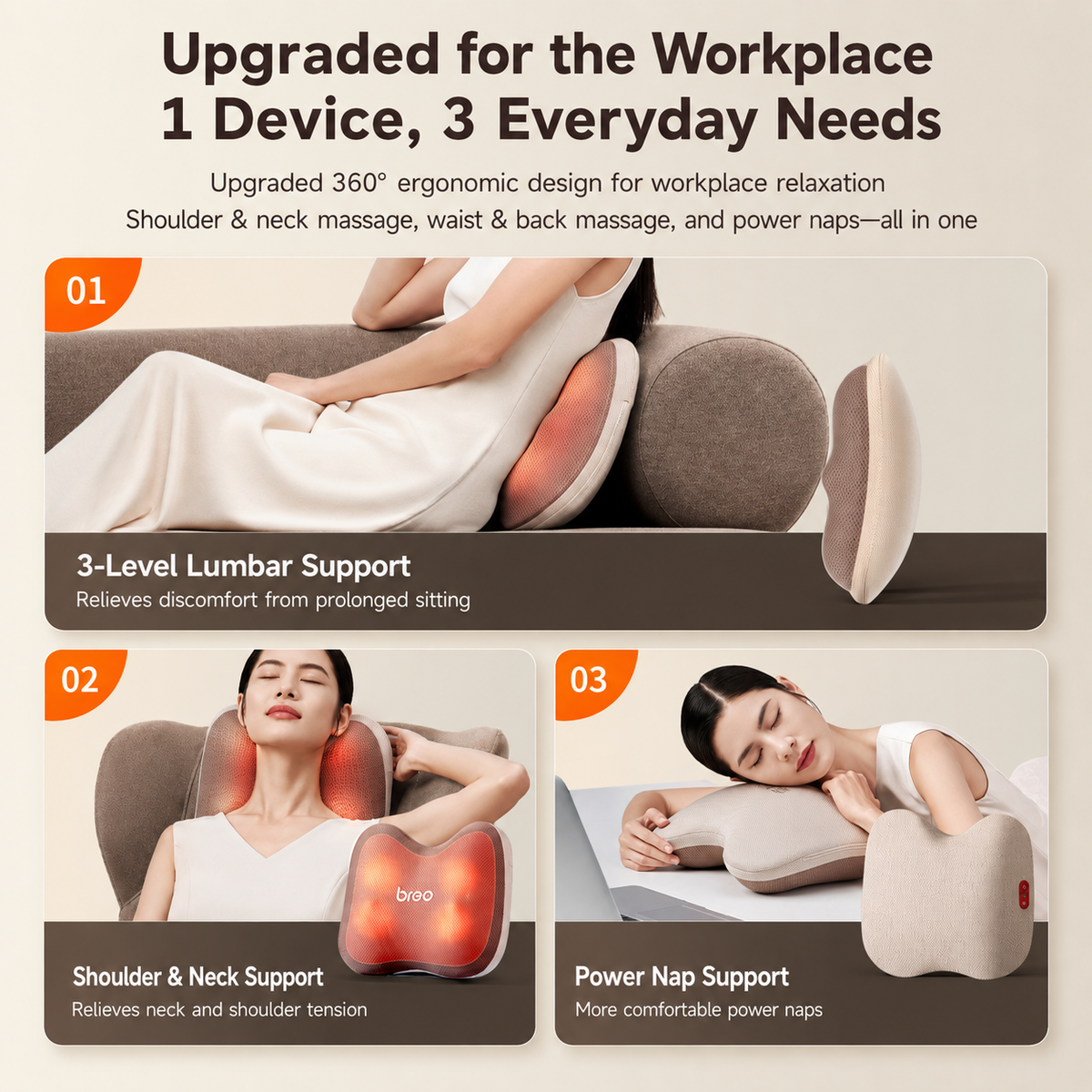 Breo Back 2 Heating Back Massager Waist & Abdominal & Body Massager Deep Kneading Ergonomic Cushion Design Portable