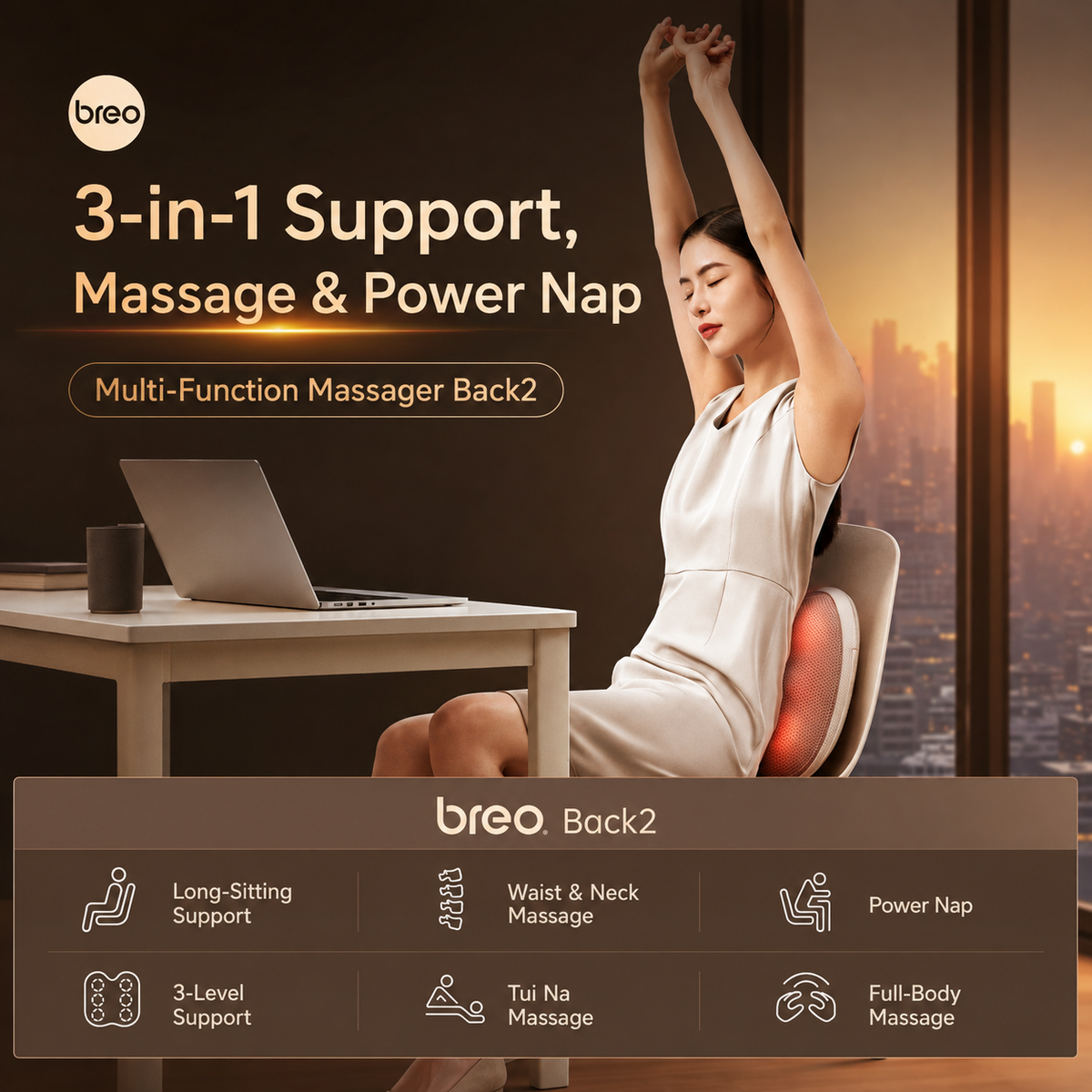 Breo Back 2 Heating Back Massager Waist & Abdominal & Body Massager Deep Kneading Ergonomic Cushion Design Portable