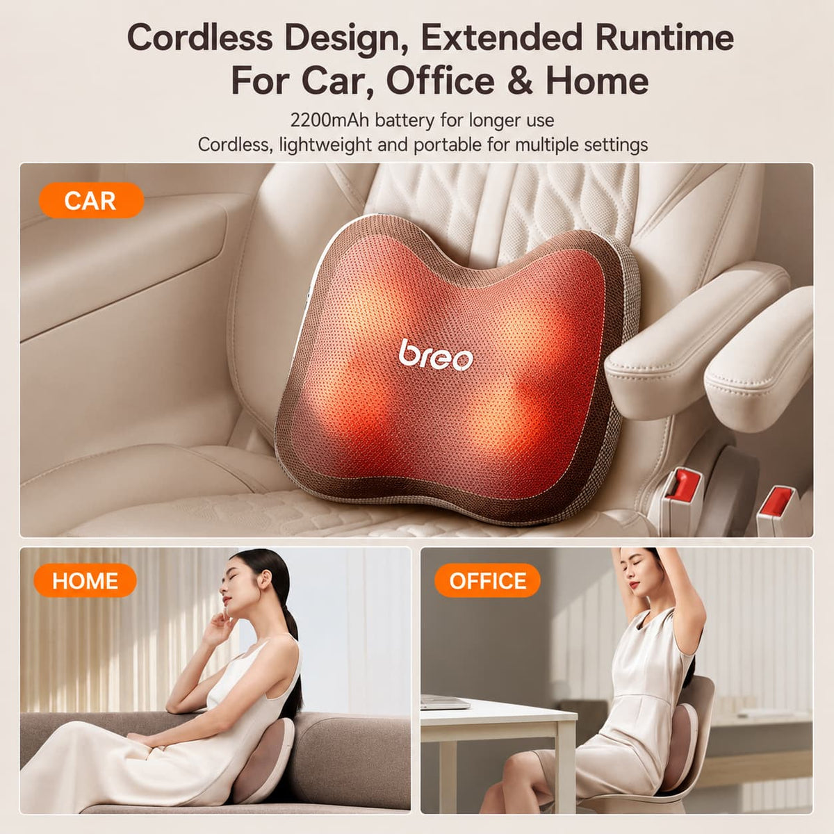Breo Back 2 Heating Back Massager Waist & Abdominal & Body Massager Deep Kneading Ergonomic Cushion Design Portable