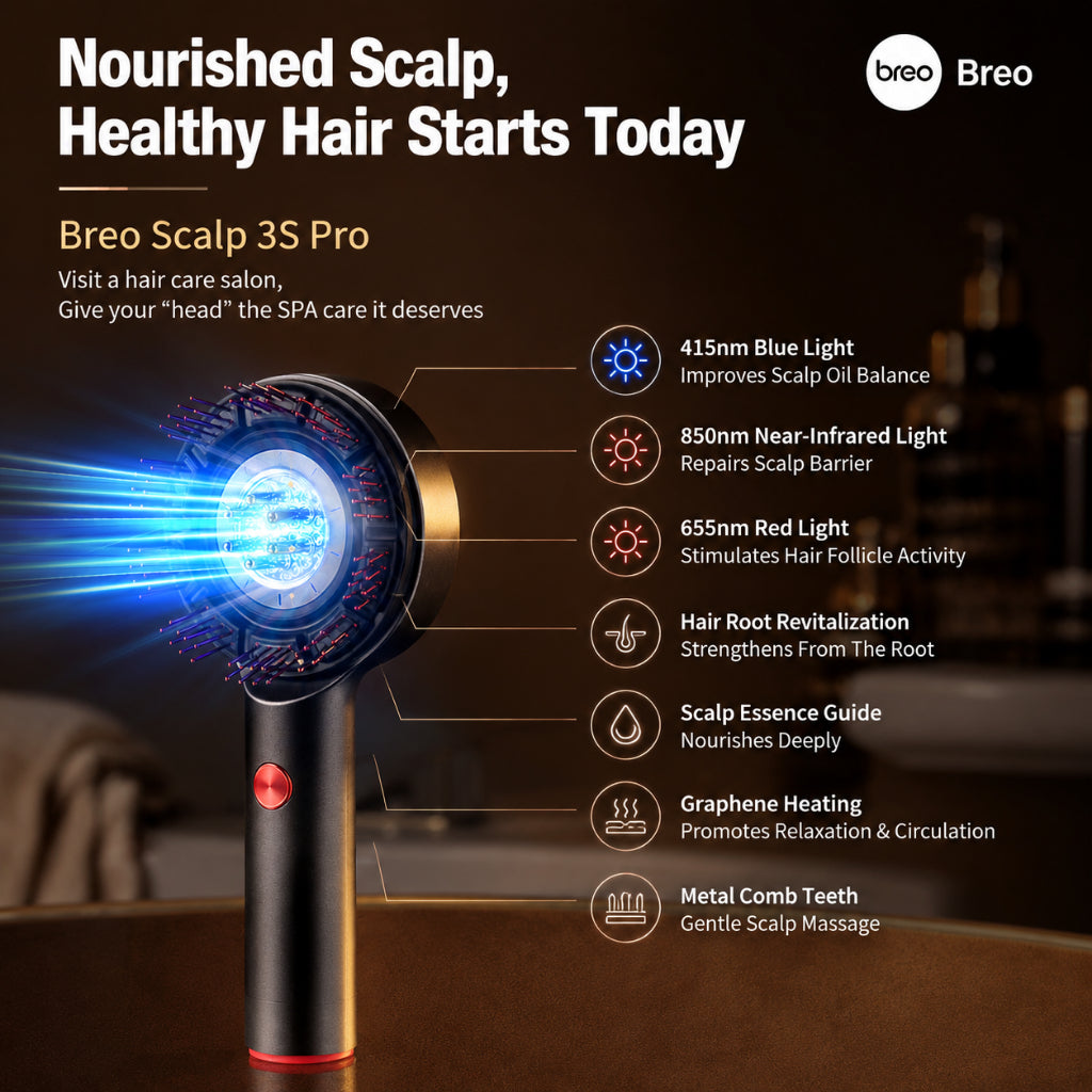 Breo Scalp3s Pro Electric Scalp Massage Comb Triple Light Therapy Develops Hair Follicles & Controls Oil Metal Comb